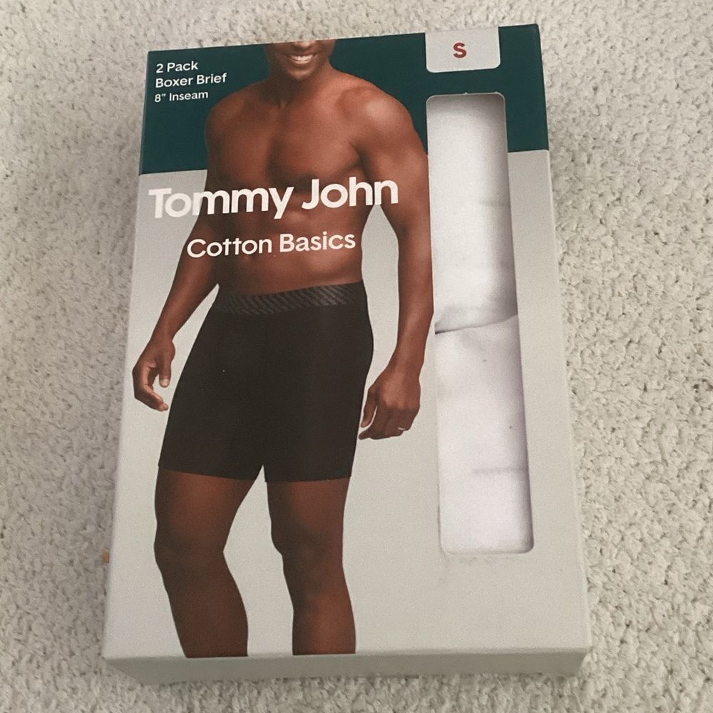Tommy John Cotton Basics 2 pack Boxer Briefs, 8” inseam, WHITE, Size Small, NWT